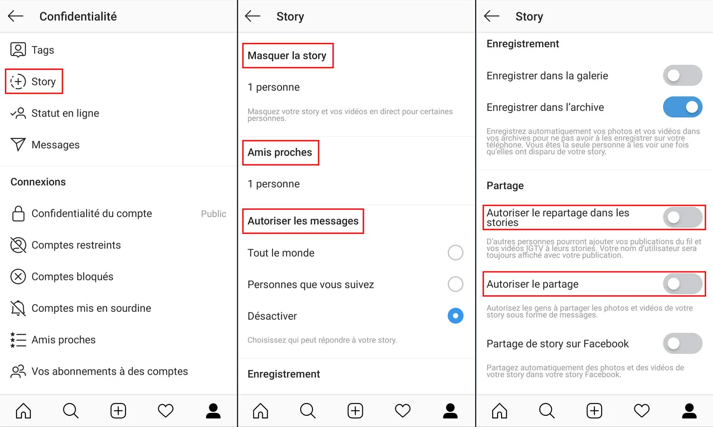 Configuration privée Instagram